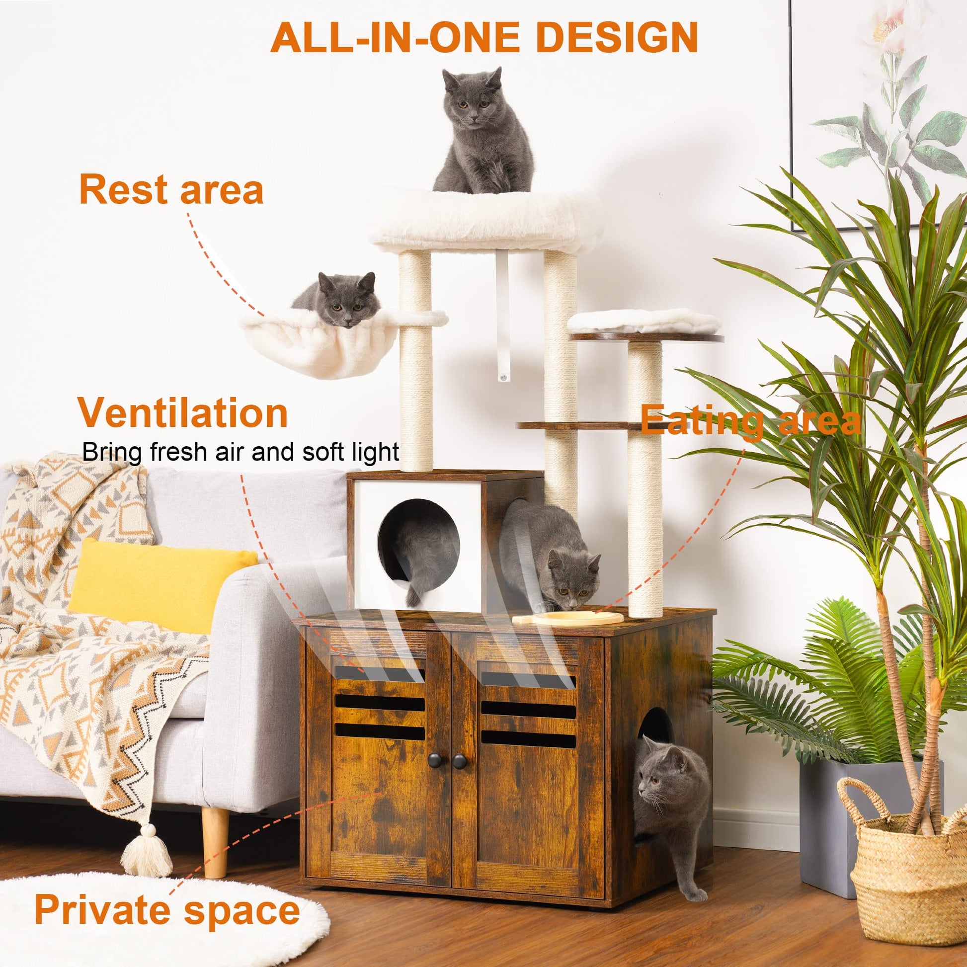 Heybly Cat Tree, Wood Litter Box Enclosure with Food Station, All-in-one Indoor Cat Furniture with Large Platform and Condo, Modern Style Cat Tower, Hammock, Rustic Brown HCT100SR - WoodArtSupply