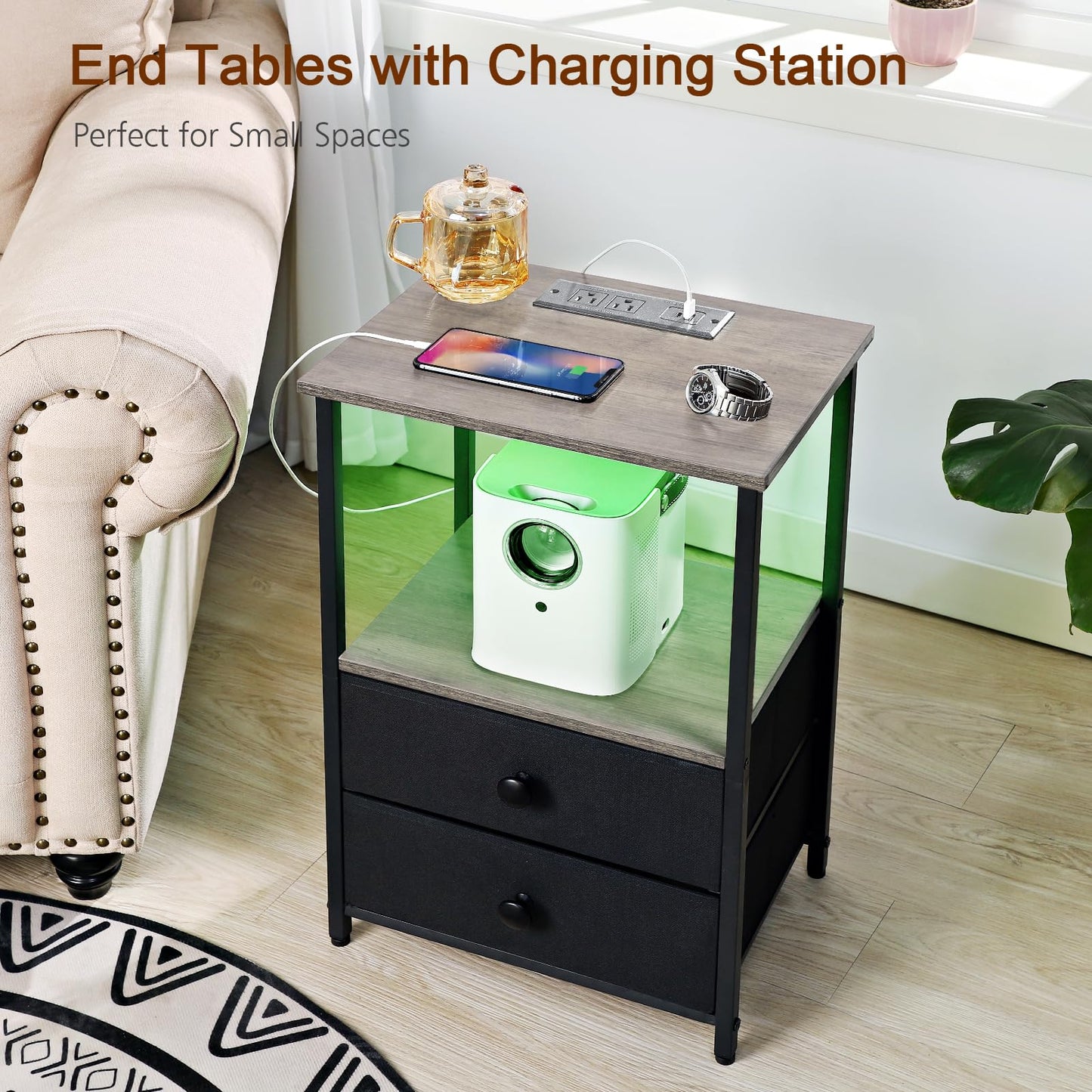 LOAKEKEL Night Stand Set 2, LED Nightstand with Charging Station, End Tables with Storage Shelf for Small Spaces, Bedside Table Side Tables with 2 Fabric Drawers for Bedroom, Greige, HETS02GY - WoodArtSupply