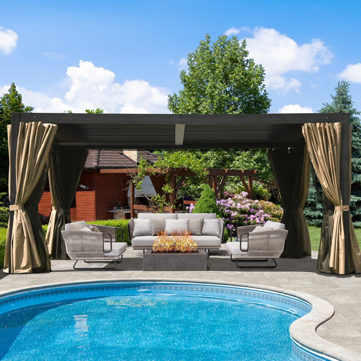 Domi Outdoor Louvered Pergola 12x16FT All Aluminum Structure,Patio Rainproof Pergola with Two Independently Adjustable Roof for Backyard Garden w/Curtains and Netting - Dark Brown domi outdoor living