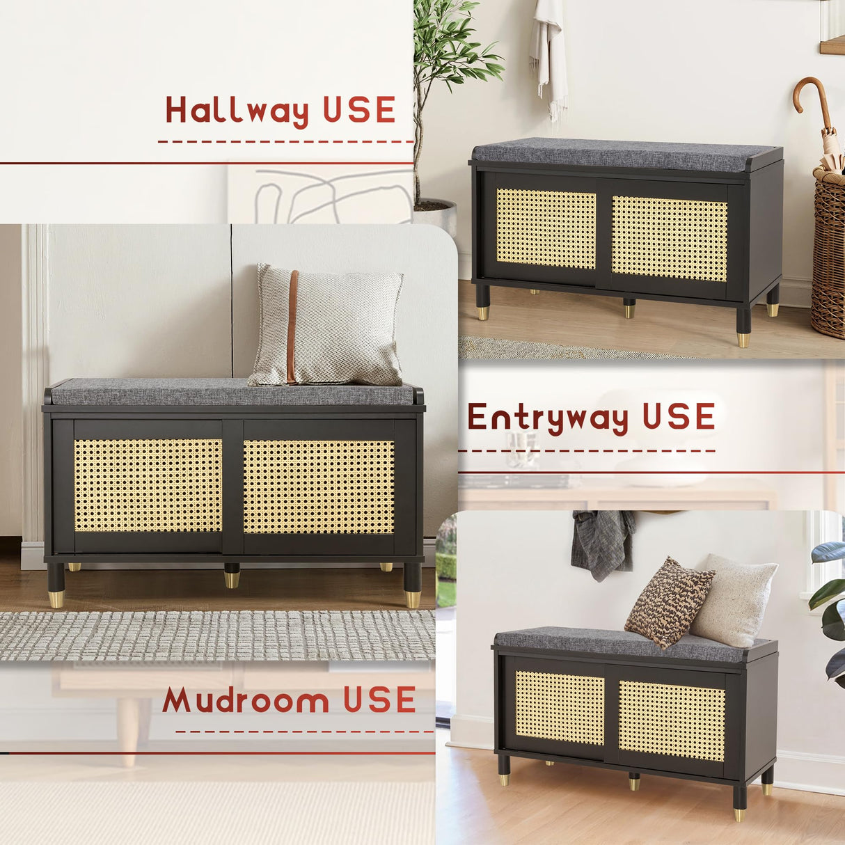 Anbuy Shoe Storage Bench for Entryway with Rattan Door, Rattan Shoe Rack Bench entryway Bench, Shoe Cabinet with Soft Cushion, Holds 300 lb, 31.5 x 13.78 x 19.1 inches (Black) Anbuy