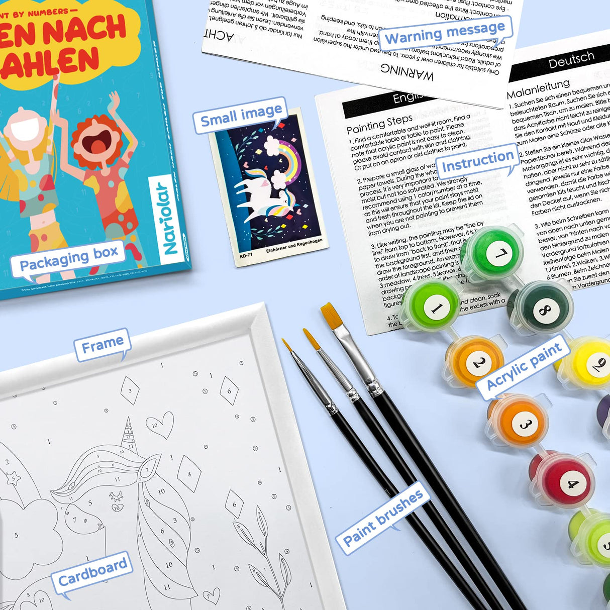 Nariolar Paint by Numbers for Kids Ages 4-8 with 7X9.5 inch Pre-Printed Cardboard,12 Acrylic Paint Pots and 3 Painting Brushes, Craft Gift Room Decor for Children,(Elegant Unicorn) Nariolar