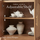 RowyPoey Rattan Arched Cabinet Bookshelf - 69.3” Tall Mid Century Display Cabinet, Rounded Bookcase with Rattan Doors, Open Shelf Storage for Dining Room (Caramel Oak, 1 PC) RowyPoey