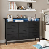 ELYKEN Black Dresser for Bedroom with LED Light & Charging Station, 9 PU Finish Fabric Drawers Dressers & Chest of Drawer with USB Outlet for for Entryway Closet Living Room Hallway ELYKEN