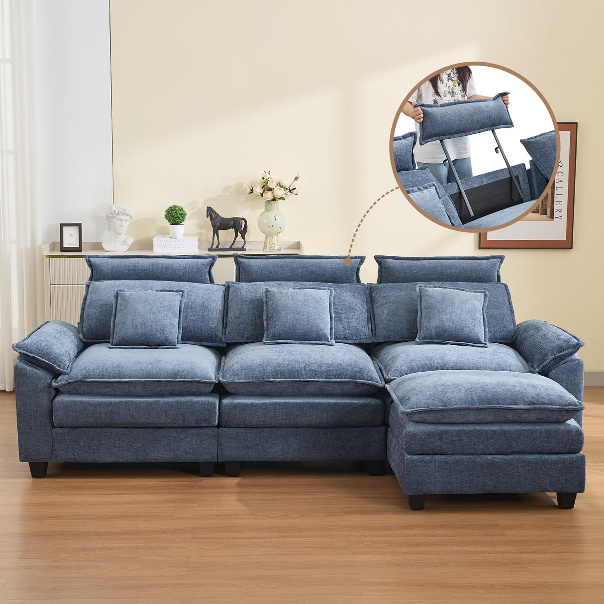 103'' Cloud Modern 3 Seater Couch with Detachable Headrest, Modular Sectional Sofa with Ottoman, Oversized L Shape Chenille Comfy Sofa with Armrests for Living Room, Blue Abbrevi