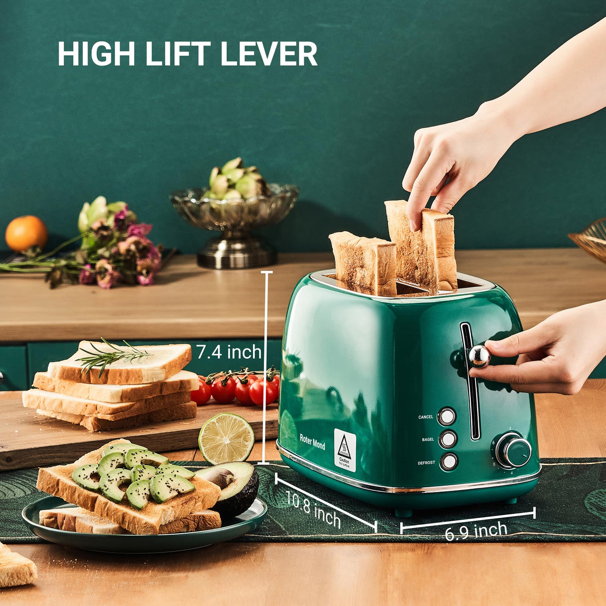 Roter Mond 2 Slice Toaster Retro Stainless Steel with Bagel, Cancel, and Defrost Functions, 6 Bread Shade Settings, Extra Wide Slots and Removable Crumb Tray, Green Roter Mond