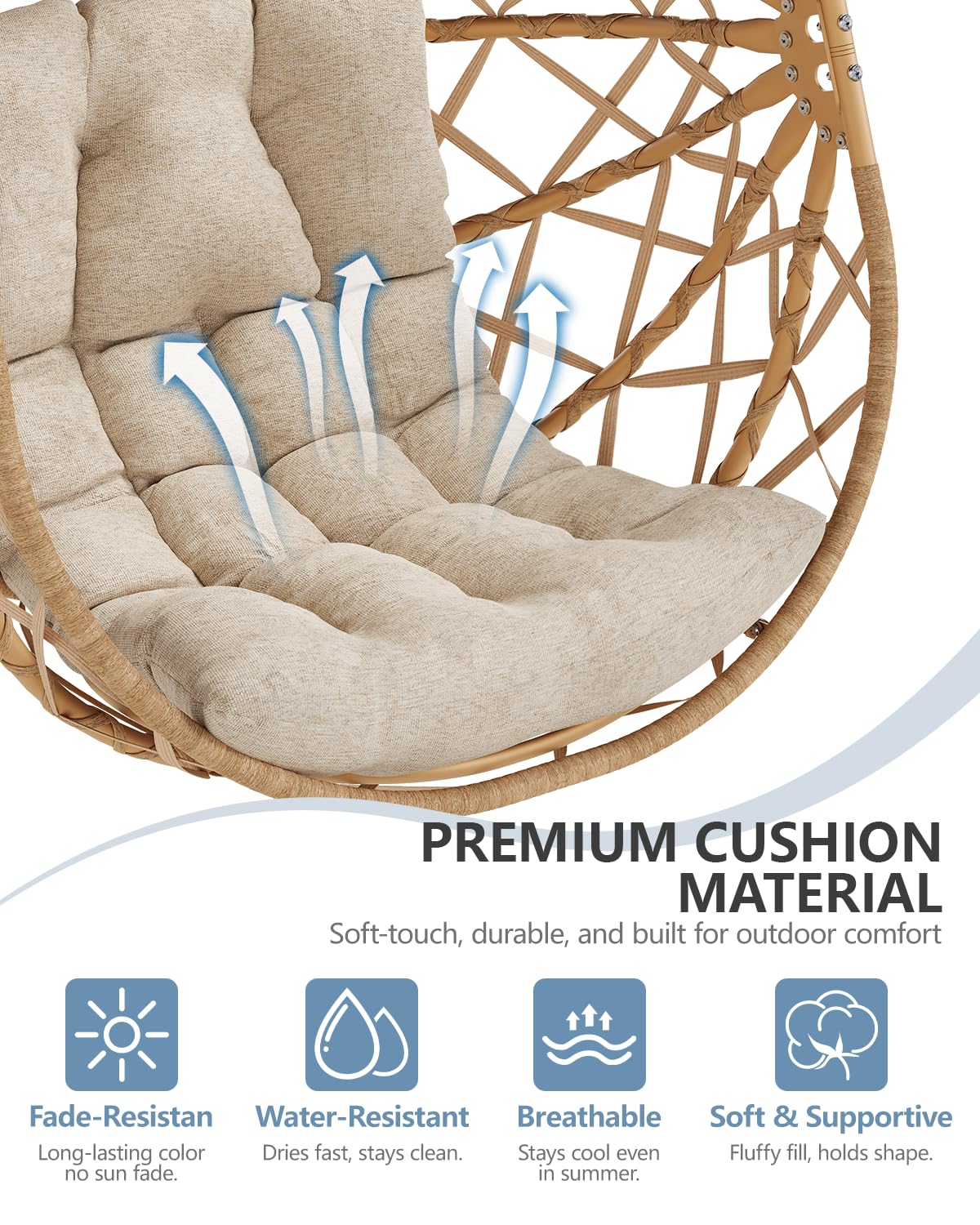 SWITTE Egg Chair Outdoor with Stand, Indoor Wicker Hanging Egg Swing Chair with Cushion, 400LBS Capacity for Patio, Bedroom & Garden - Cream SWITTE