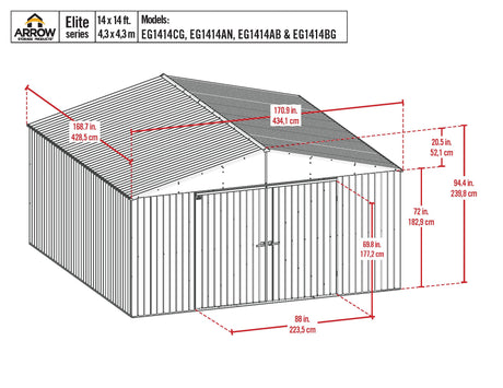 Arrow Shed Elite 14' x 14' Tall Outdoor Steel Storage Shed with High Gable and Lockable Doors Storage Building, Blue Grey Arrow