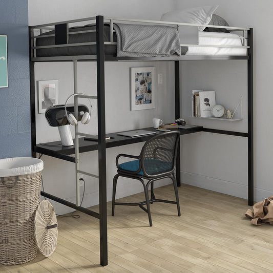 DHP Silver Twin Metal Loft Bunk Bed with Desk and Ladder, Ideal Space-Saving Design