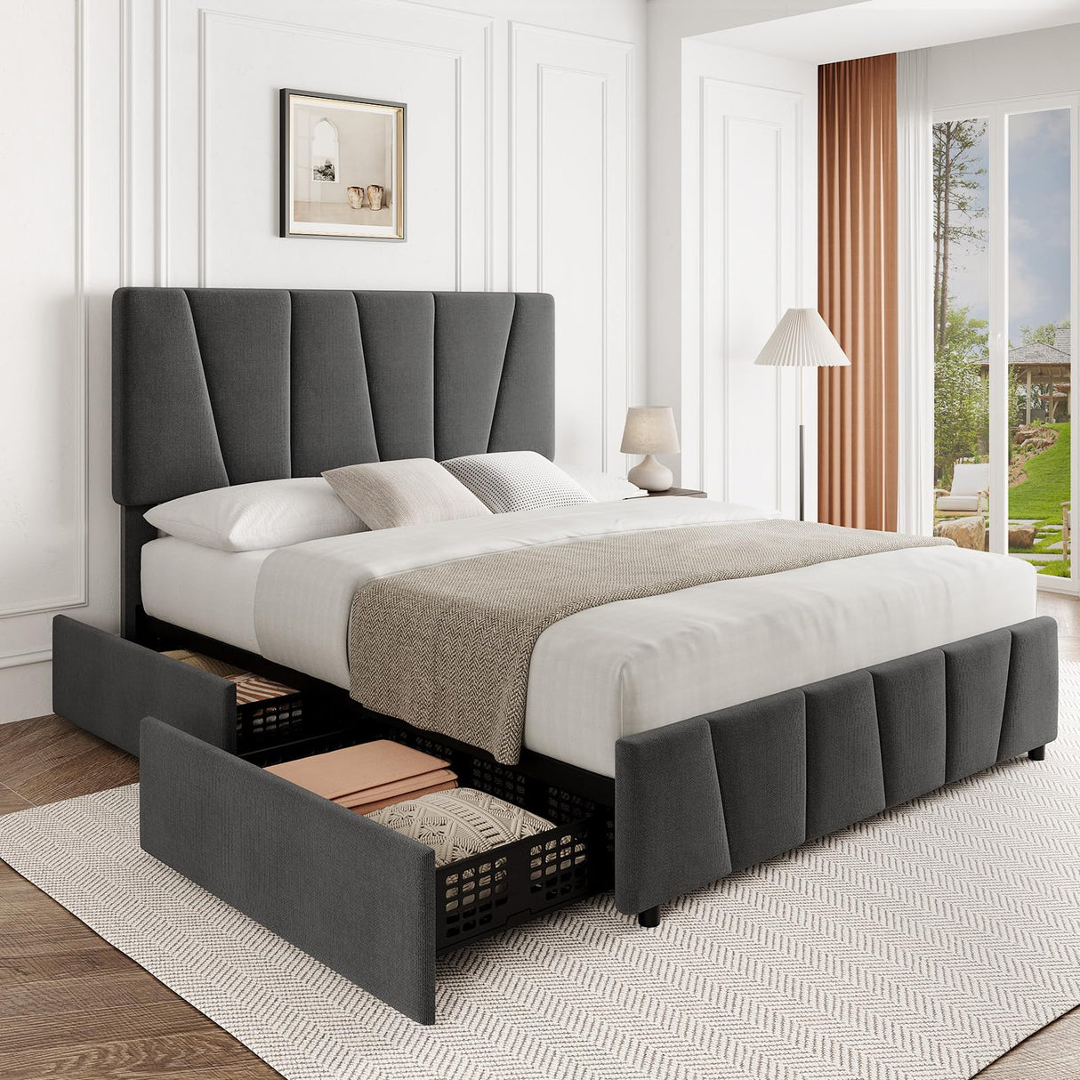 GarveeHome Full Size Bed Frame with Adjustable Headboard and 4 Storage Drawers, Velvet Upholstered Tufted Full Platform Bed Frames with Wooden Slats Support, Full Bedframe No Box Spring Needed, Grey GarveeHome