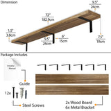 Wallniture Cervo 72"x9.5" Floating Shelves for Wall, Living Room Wall Book Shelf, Kitchen Floating Shelves with Metal Heavy Duty Brackets, Burnt Finish, Wood Set of 2 Wallniture