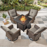 Bellefurn Patio Resin Wicker Furniture Set with Fire Pit Table, PE Rattan Swivel Patio Chairs with Propane Fire Pit Table, Brown Wicker 5PCS Patio Conversation Set Bellefurn