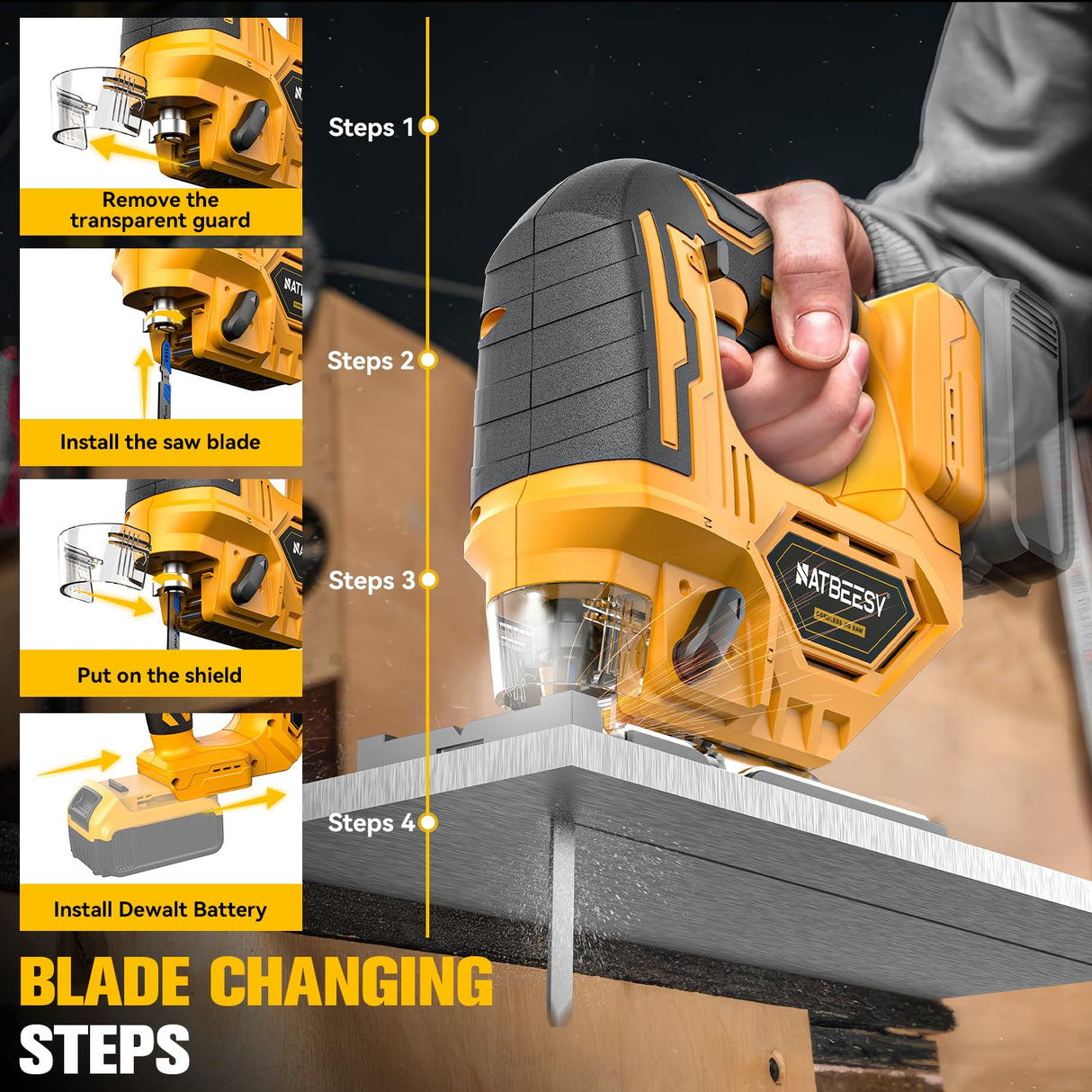 Cordless Jig Saw for Dewalt 20v Max Battery, Brushless Jigsaw Cut Off Tool, Variable Speed 2900RPM, 45° Beveled Cuts, 3 Orbital Action, with Jigsaw Blades for Straight/Curve/Circle Cutting(Tool Only) NATBEESY