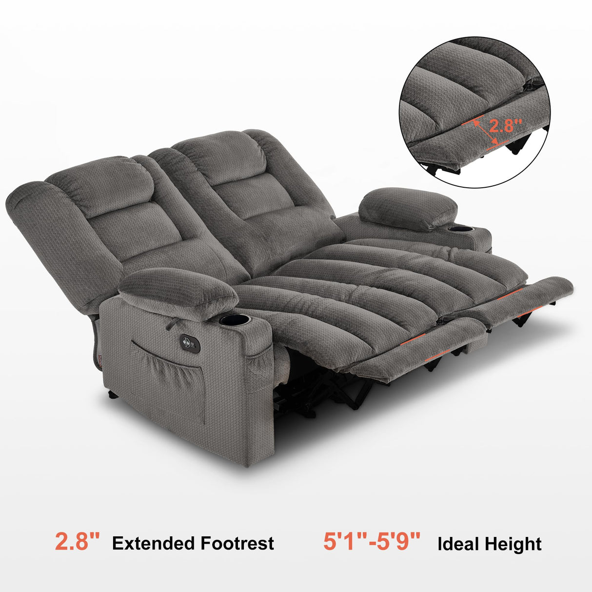 MCombo 55.9" Power Loveseat Recliner with Heat and Vibration, Fabric Electric Loveseat Recliner, USB Charge Port, Cup Holders for Living Room PR648 (Grey) MCombo