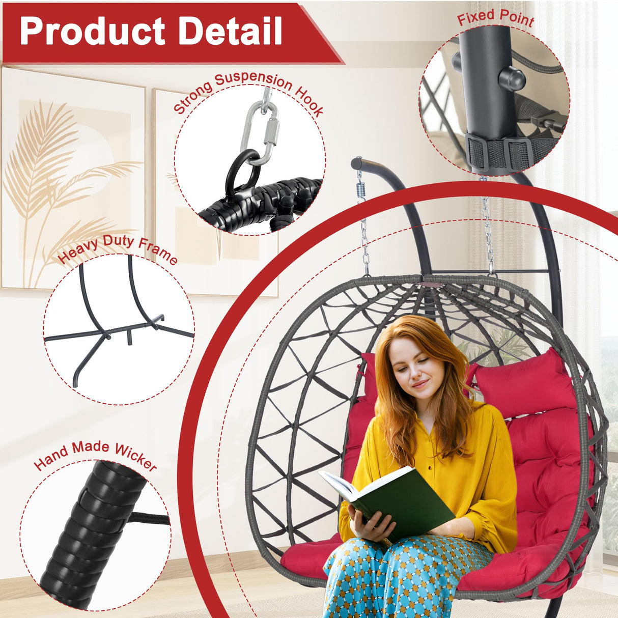 Double Hanging Egg Chair Indoor Outdoor with Stand, Patio Rattan Wicker Double Egg Swing Chair Hammock Chair with UV Resistant Thicken Comfy Cushions, Porch Swing Loveseat for Backyard, Red WIIS' IDEA