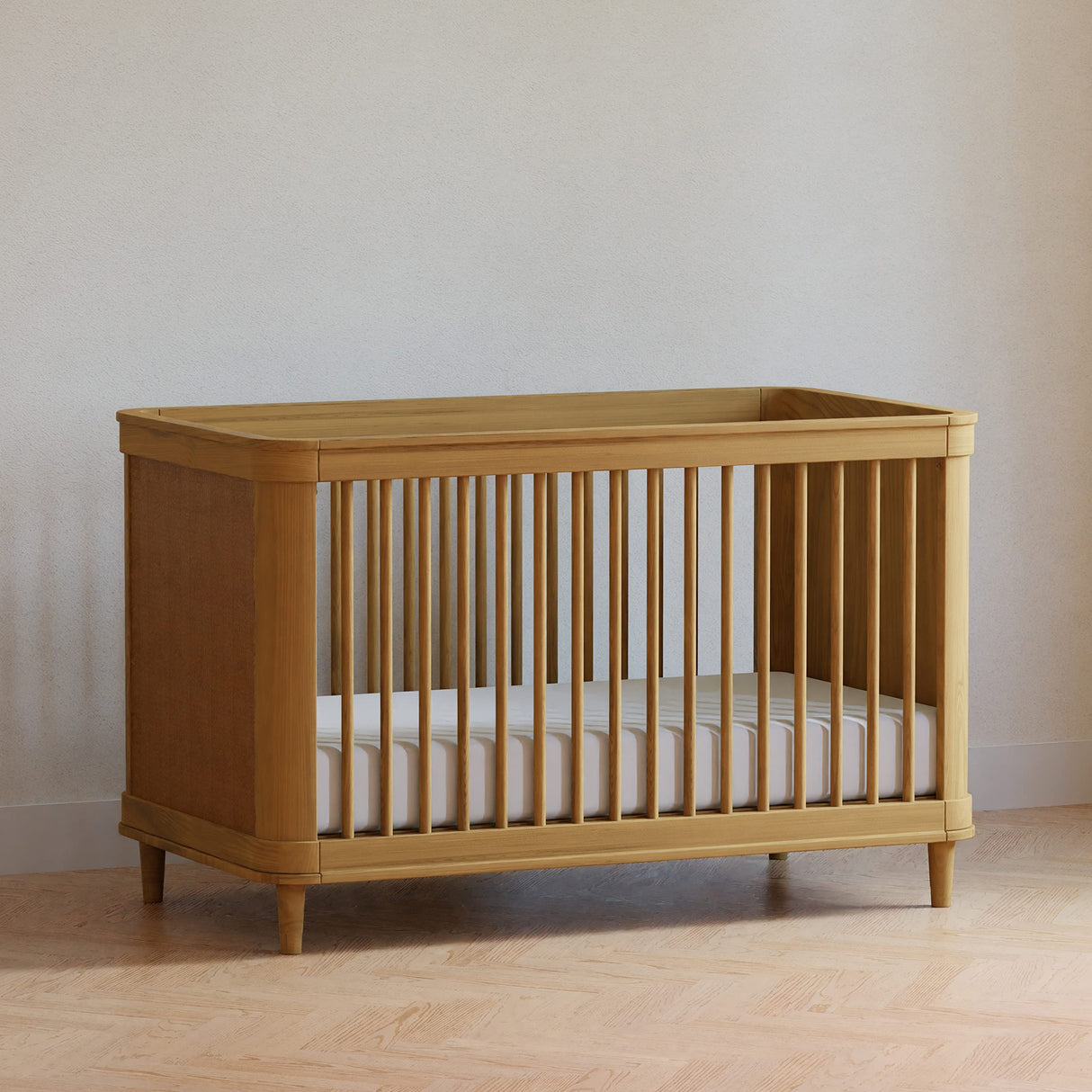 NAMESAKE Marin with Cane 3-in-1 Convertible Crib in Honey and Honey Cane, Greenguard Gold Certified NAMESAKE
