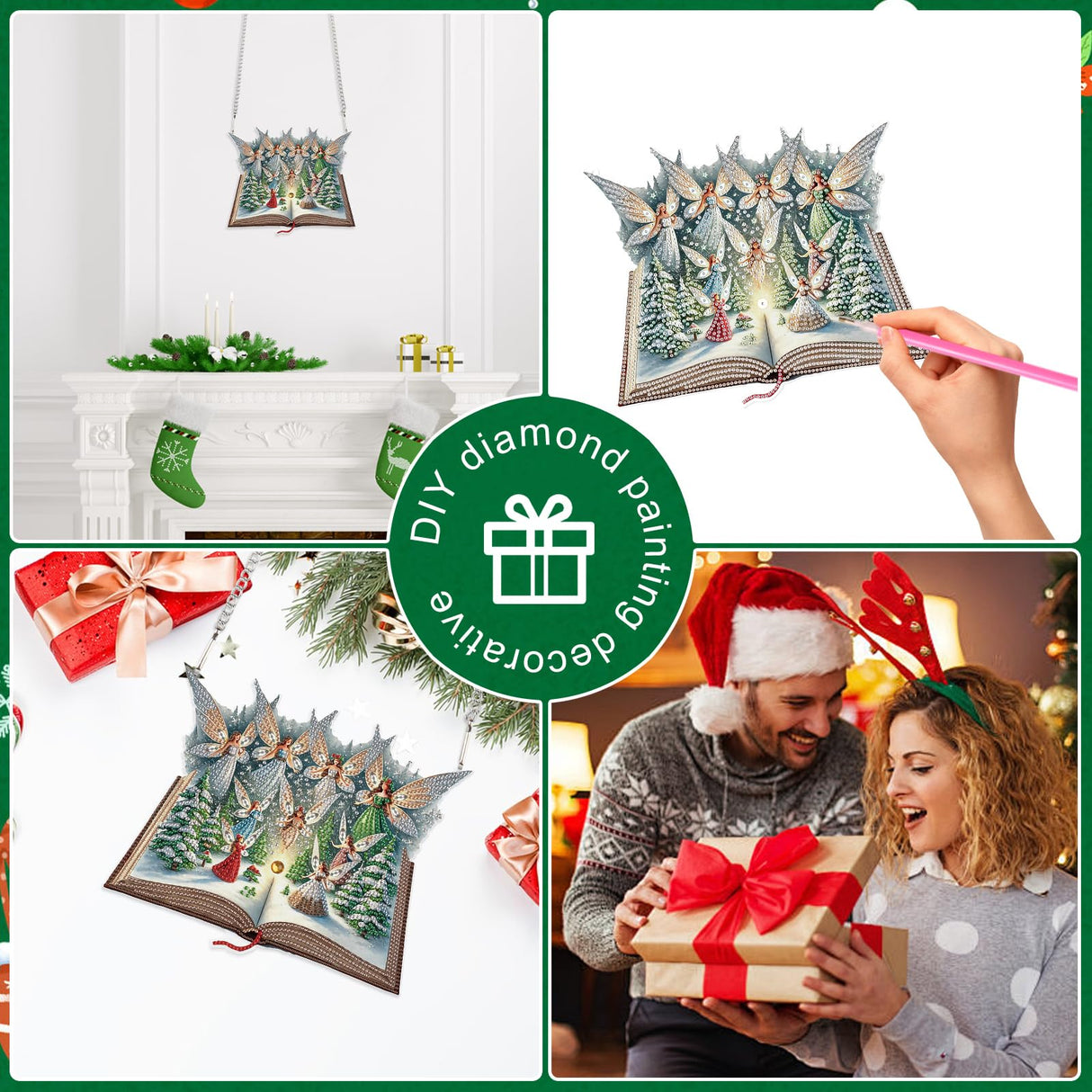 5D Christmas Diamond Painting Pendant Kit, Magic Book with Flying Elf and Snowy Forest, DIY Crystal Diamond Art Hanging Sign for Window, Door & Wall, Fantasy Home Decoration Gift, 24.1 x 20.4 cm AiYuanzsh