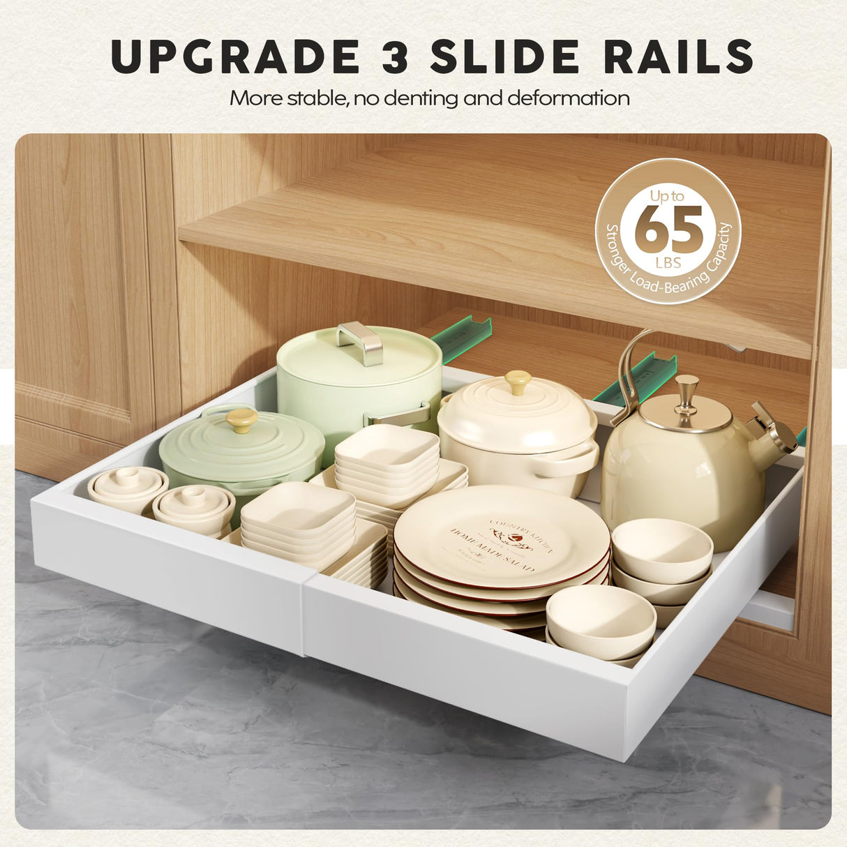 Seinloes 2 Pack Pull Out Cabinet Organizers 21"Deep With Raising Pad for Framed Cabinets,Expandable Slide Out Drawers Upgrade 3 Slide Rails,Roll Out Shelves Adhesive,Adjustable Width 12"-20.45" White Seinloes