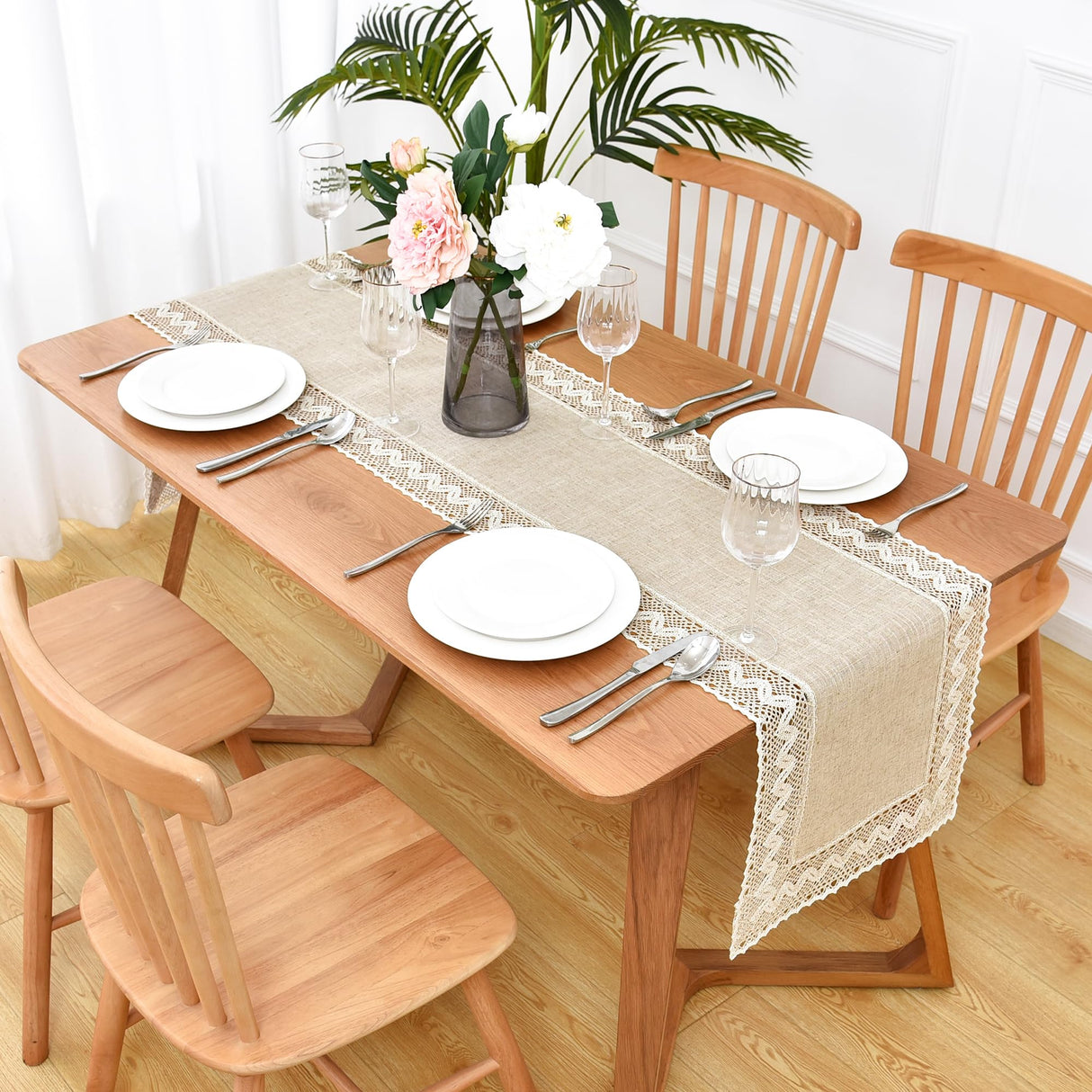 Linen Rustic Farmhouse Style Table Runner Beige Lace Basic Flax Decorative Dresser Scarf 48 Inch Trczzone