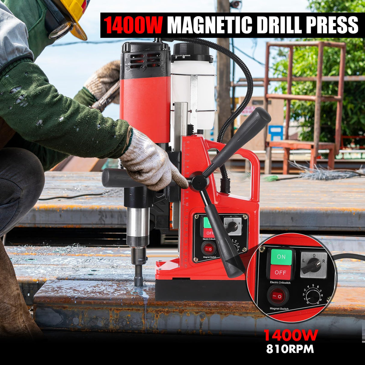 GARVEE Magnetic Drill Press, 1400W 810RPM Portable Mag Drill Press, 10-Speed Core Drilling Machine for Metal Working,10Pcs Annular Cutters Drill Bits，Red Garvee