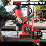 GARVEE Magnetic Drill Press, 1400W 810RPM Portable Mag Drill Press, 10-Speed Core Drilling Machine for Metal Working,10Pcs Annular Cutters Drill Bits，Red Garvee