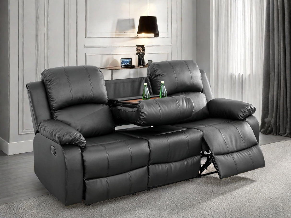 FONTOI Leather Recliner Sofa Couch, 3-Seater Home Theater Seating Reclining Sofa, Power Reclining Couch with Cup Holders & Drop Down Table for Living Room Furniture Sets, Black FONTOI