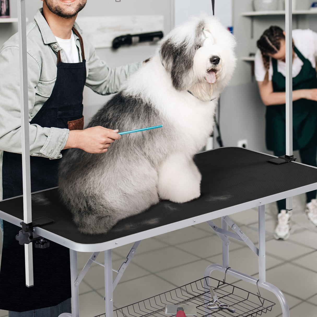 Yaheetech Foldable & Portable Pet Grooming Table for Home - Stainless Steel H-Shape Frame Height Adjustable Pet Beauty Table w/Arm/Noose/Mesh Tray, 45in x 24in Yaheetech