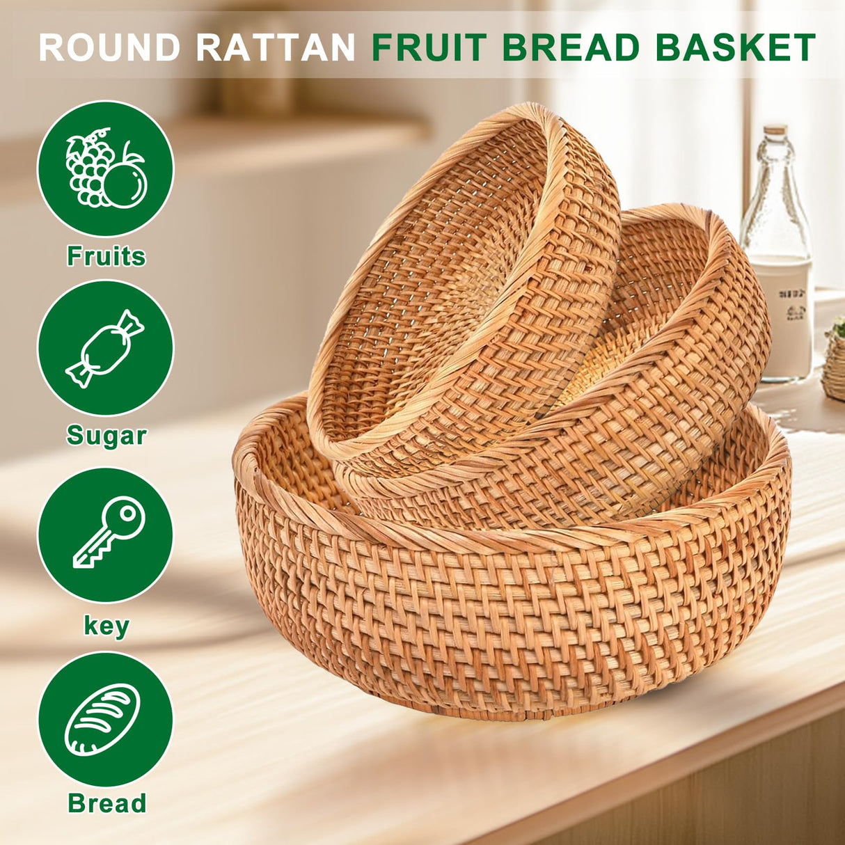 Round Rattan Bread Baskets for Serving Hand Woven Wicker Fruit Basket for Table Set of 3 Fruit Bowl for Kitchen Counter Gdpaddy