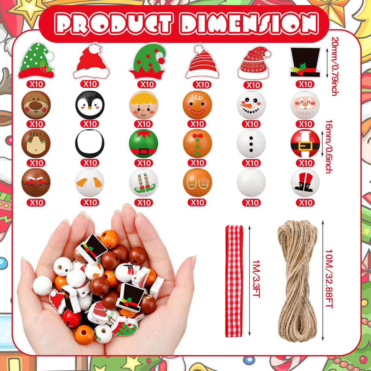 Cinnvoice 240 Pcs Christmas Wood Beads with Twine Santa Gingerbread Man Penguin Snowman Elf Wooden Beads Garland Christmas DIY Crafts Round for Xmas Winter Party Farmhouse Home Decor Cinnvoice