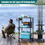 TC-HOMENY Fishing Rod Holders for Garage with Lockable Wheels, Heavy Duty Fishing Pole Rack Cart Holds Up to 10 Rods, Large Fishing Tackle Gear Organizer Storage rack for Room, Garage, Basement, Black TC-HOMENY