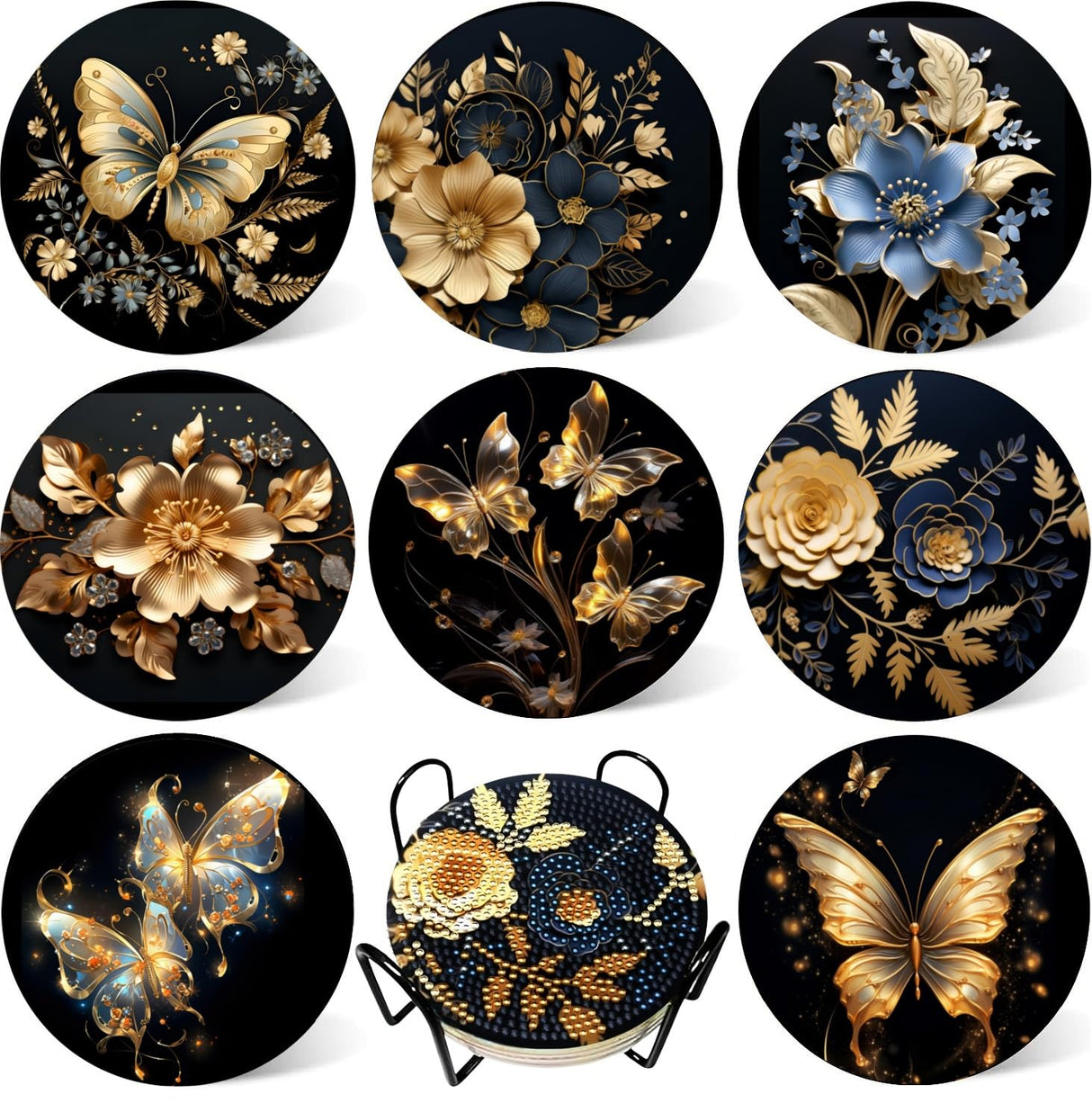 8 Pcs Butterfly Diamond Painting Coasters Kits with Holder,Diamond Art Coasters Set for Drinks Coffee Table, Gem Painting kit for Beginners Adults DIY Art Craft Gifts Black Gold Decors (Butterfly) Bulerrylulu