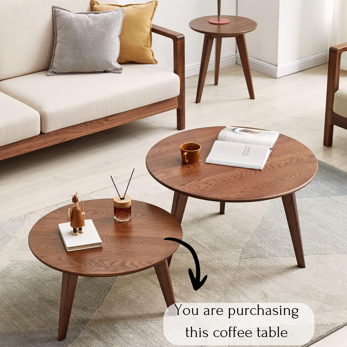 Vadisun 100% FAS Solid Oak Wood Mini Coffee Table - Natural Walnut Finish Round Coffee Table-Low Tea Table Vadisun