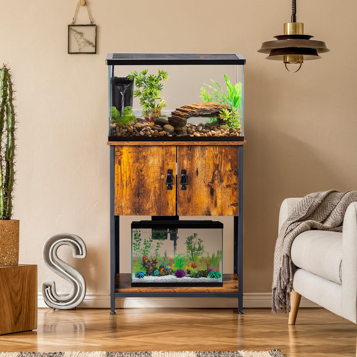 VINGLI 20 Gallon Fish Tank Stand, Metal Frame Aquarium Stand with Cabinet for Double Fish Tank ＆ Accessories Storage, 25.99" L* 13.78" W Tabletop, 550 LBS Capacity, Rustic Brown VINGLI