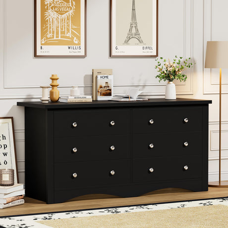 Flamaker Dresser for Bedroom, 6 Drawer Dresser, Wood Dressers, Wide Chest of Drawer, Storage Drawers, Storage Organizer for Closet, Hallway (Black) Flamaker