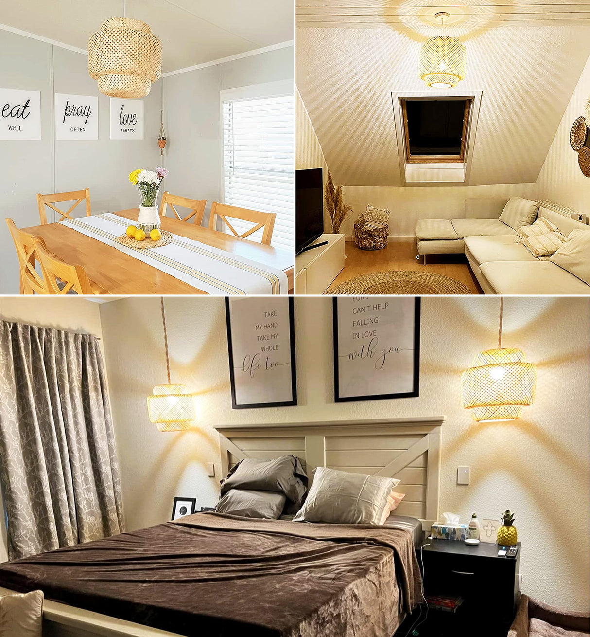 Plug in Pendant Light Rattan Hanging Lights with Plug in Cord Bamboo Hanging Lamp Dimmable,Handmade Woven Boho Wicker Basket Lamp Shade,Plug in Ceiling Light Fixture for Living Room Bedroom Kitchen QIYIZM