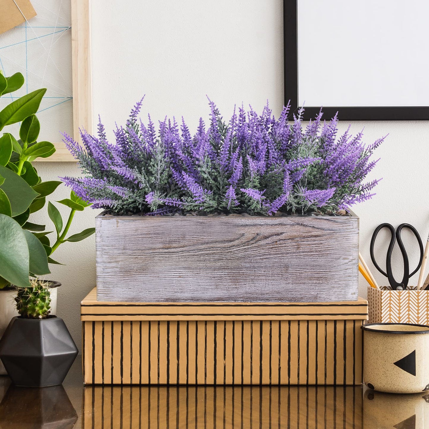 Fake Lavender Flower Arrangement in Rustic Rectangular Wood Planter Box Artificial Potted Lavender Plant for Gifts Farmhouse Wedding Centerpiece Kitchen Windowsill Table Shelf Indoor Greenery Decor