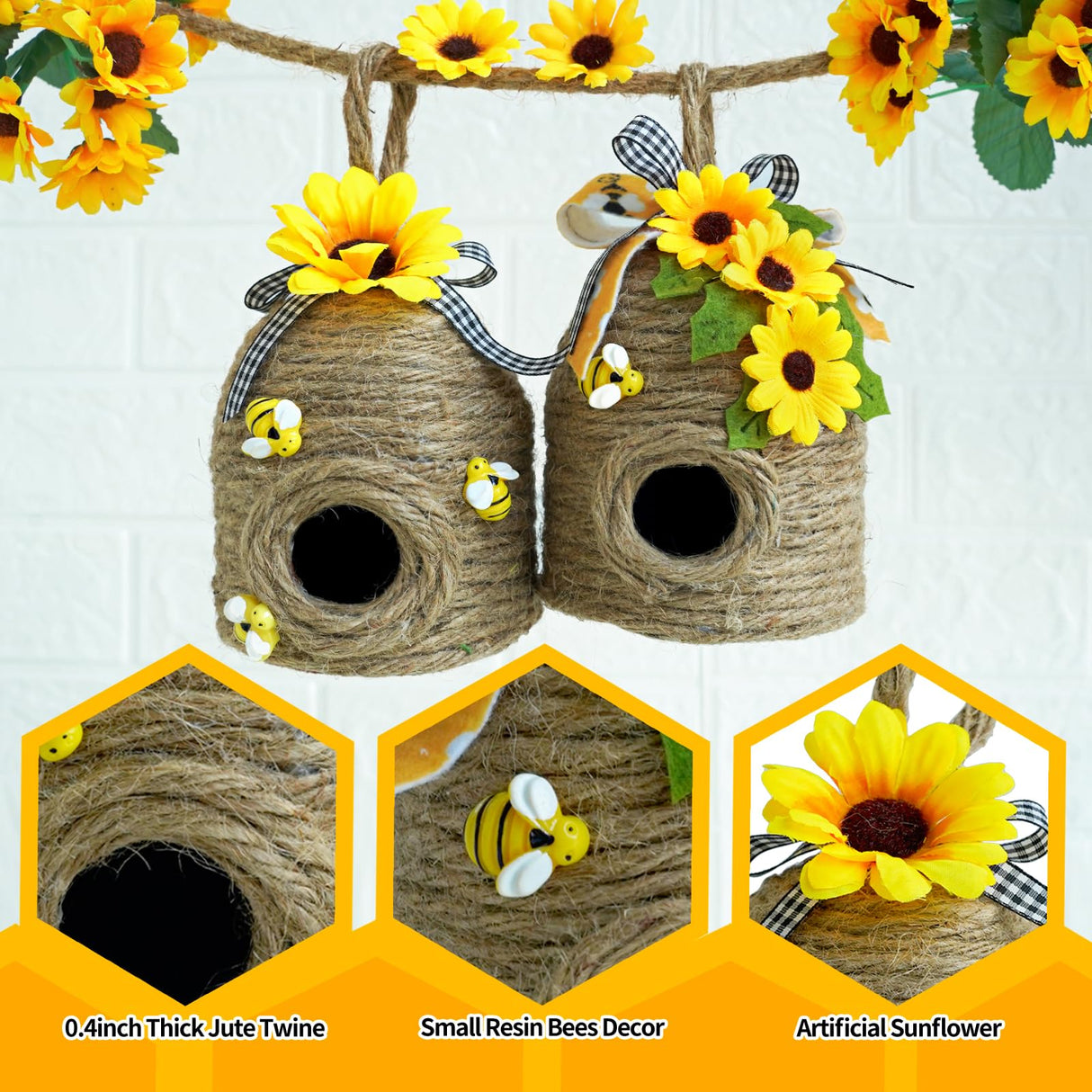 Bigger Bee Hive Decor,2 Pack Bumble Bee Rustic Decor Hive,Natural Bee House, Bumble Bee Theme Party Decor Spring Summer Rustic Farmhouse Kitchecn Table Decor, Honey Bee Tiered Tray Decor CRCZK
