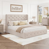 BRELTAM Full Size Bed Frame with Storage Drawers and Wingback Headboard Linen Upholstered Platform Bed Frame Tufted Beds with Heavy Duty Wood Slats, Noise Free, Easy Assembly, Beige BRELTAM