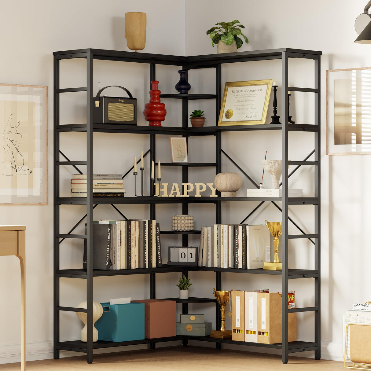 IRONCK Industrial Bookcases and Bookshelves, 5-Tiers Corner Bookcase with Curved Panels, L Shaped Shelf with Metal Frame for Open Storage for Living Room Home Office, Black IRONCK