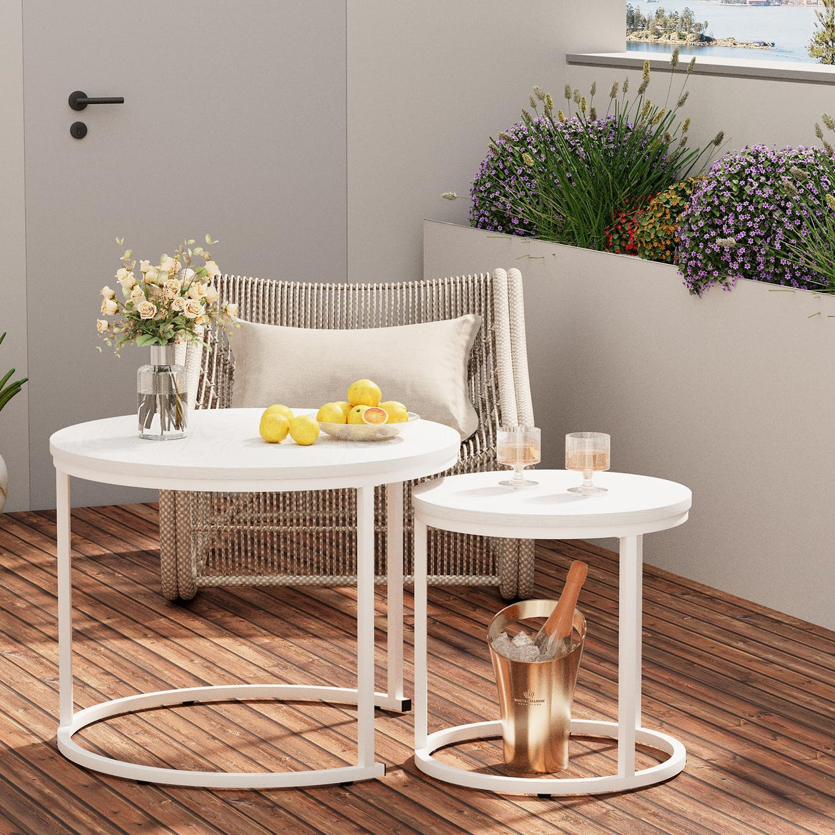 Garden 4 you Nesting Coffee Table, 23.6" Round Coffee Table Set of 2, Wooden Nesting Table Set with Metal Frame, Side Tables for Living Room Bedroom Balcony, White Garden 4 you