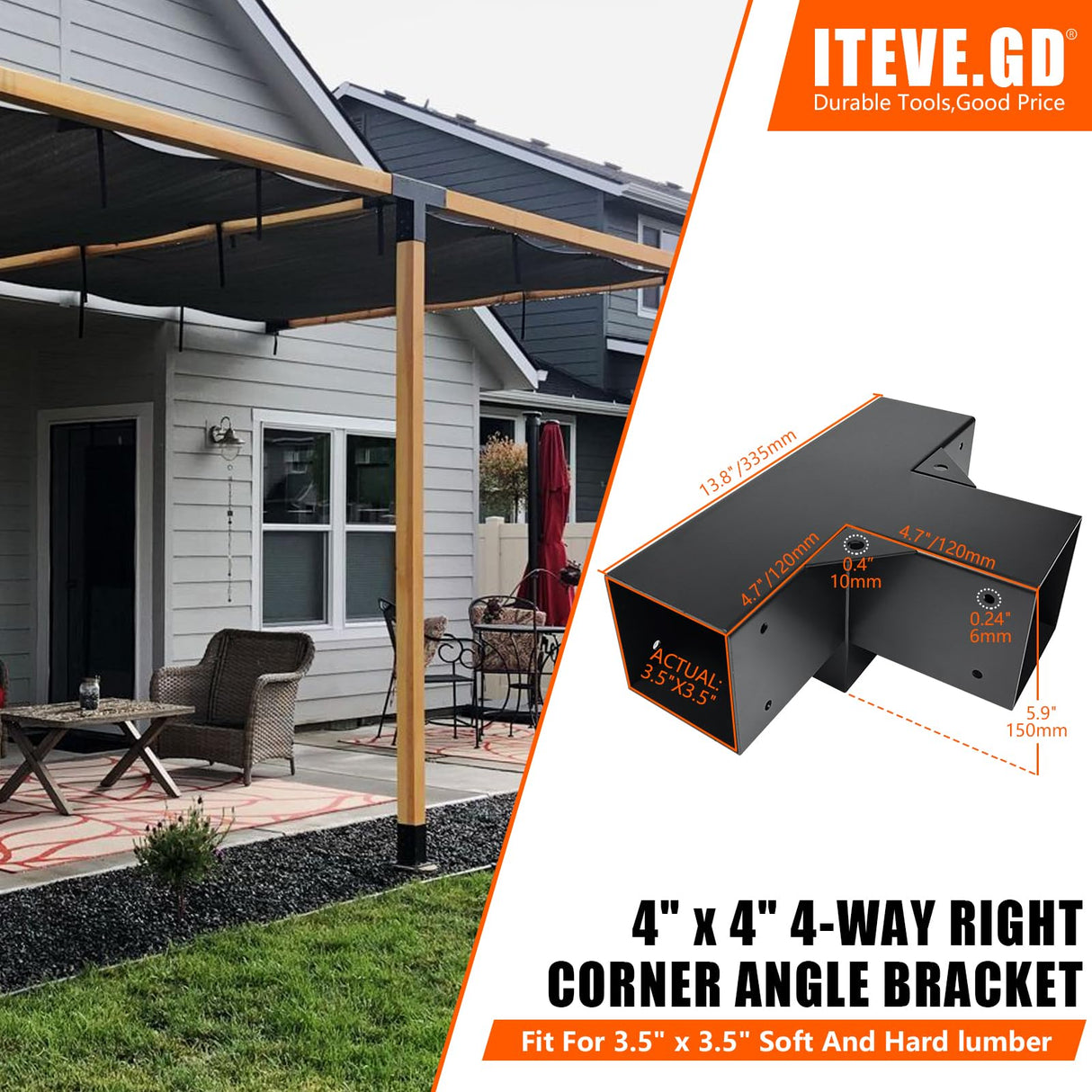 ITeVe.GD Pergola DIY Kit,2 Pcs 4-Way Right Angle Corner Brackets Elevated Wood Stand with Screws for 4"x4"(Inner Size:3.5"x3.5") Wood Beams,Pergola,Garden,sunroom kit Lumber&Metal Gazebo… ITeVe.GD