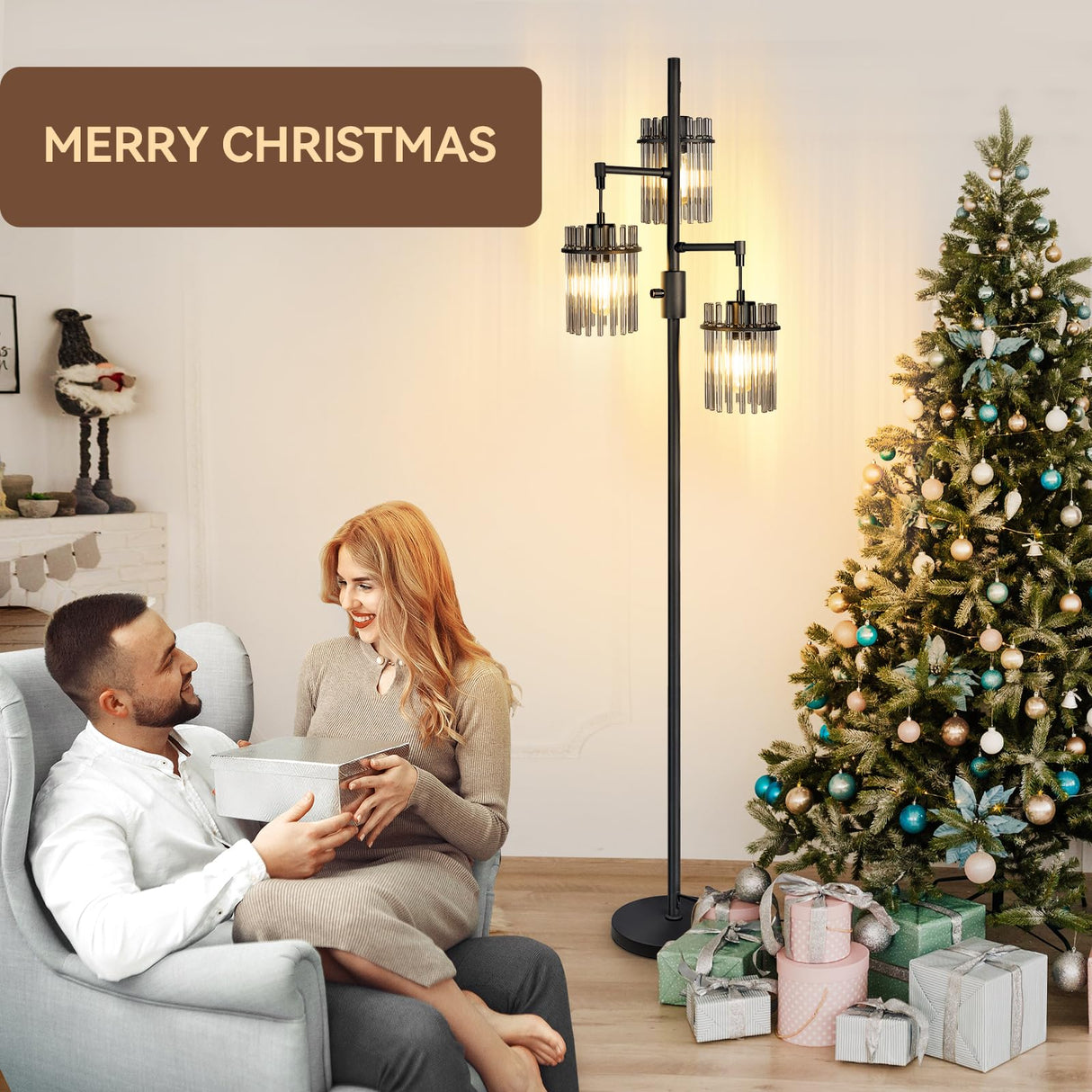 VOUTOORO Industrial Modern Floor Lamps for Living Room, Dimmable Glass Tree Standing Tall Lamps with 3 Elegant Teardrop Cage Head & 800 Lumens LED Bulbs for Bedroom Office (66inch Tall) VOUTOORO