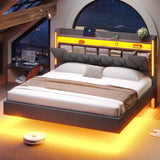 Floating Bed Frame King Size with Hidden Storage Space and Charging Station,Floating King Bed Frame with LED Light, RGB Light Fabric Platform Bed Floating,No Box Spring Needed,Easy Assembly,Dark Gray busyaeh