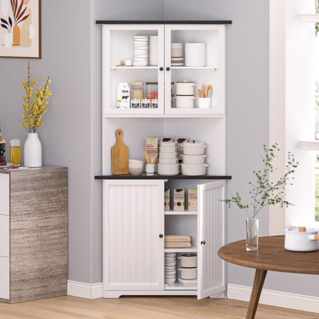 VEIKOU 71" Corner Cabinet, Storage Cabinet with 4 Doors and Adjustable Shelves, Tall Hutch Corner Bar Cabinet for Living Room Kitchen Bathroom, White VEIKOU