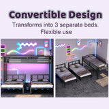 Duxelifin Triple Bunk Bed with LED Lights,Metal Bunk Beds Convertible to 3 Beds with Charging Station,Heavy Duty Bunk Bed Frame with Guardrails and Ladder, for Kids Teens(Black) ﻿ Duxelifin