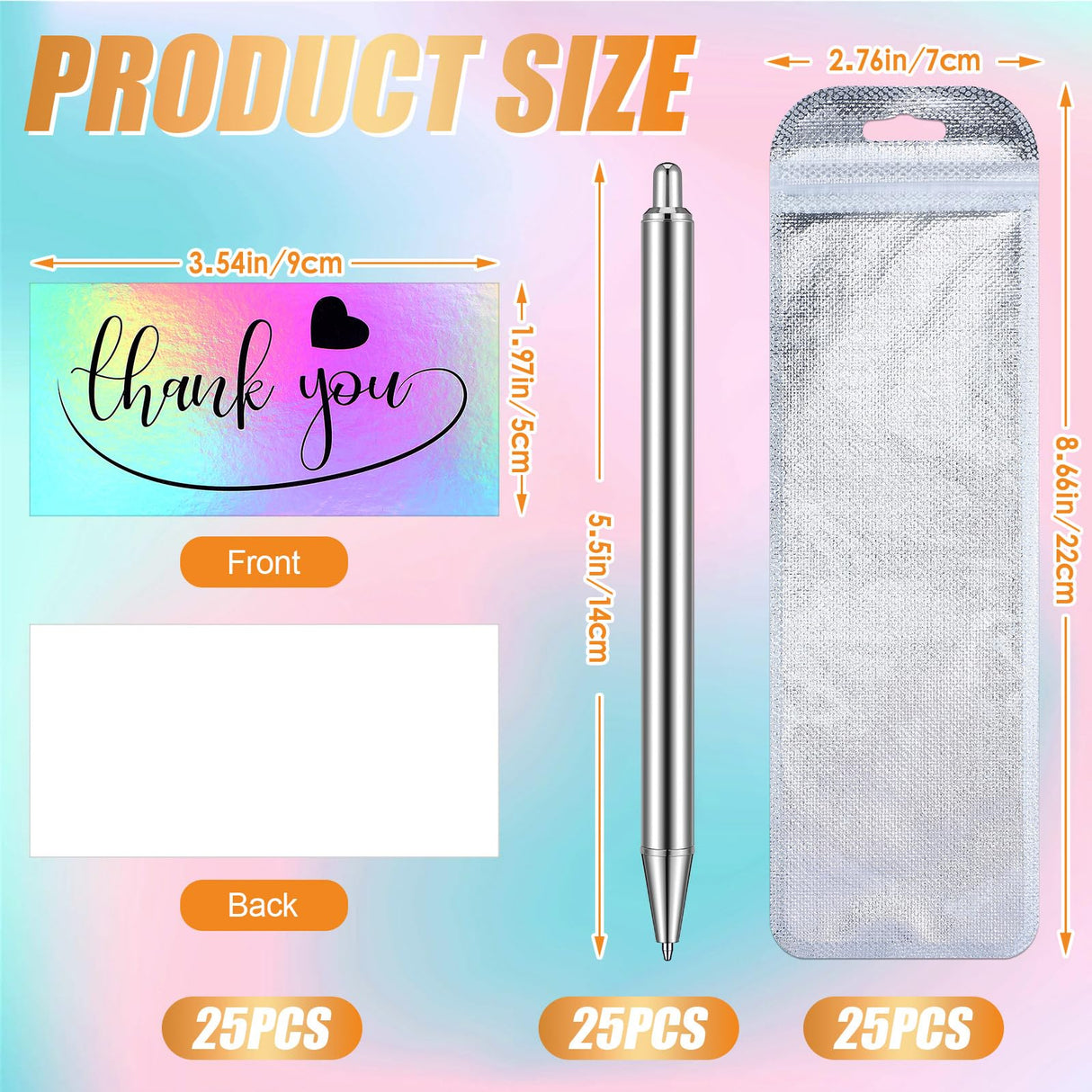 Qilery 25 Set Stainless Steel Pen Resin Blank Pens for UV Dtf Wraps Sublimation Pens Gifts Resealable Pouch Bag and Holographic Thank You Cards Set for DIY Glitter Pen Epoxy Pen Craft Blanks Gel Pen Qilery