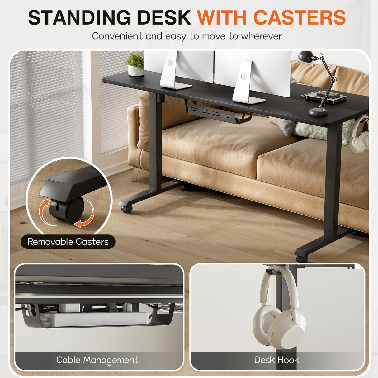 Furmax Electric Standing Desk, 59 x 24 Inches Height Adjustable Desk with Wheels, Home Office Computer Desk with Management Box (Carbon Black) Furmax