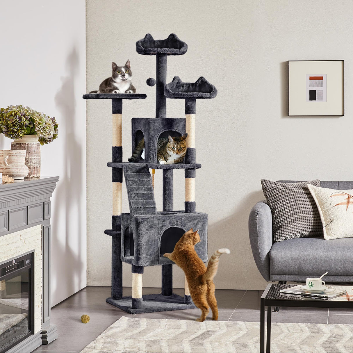 Yaheetech XL Cat Tree, 72in Multi-Level Cat Tower with 2 Cozy Caves, 3 Soft Perches, Scratching Posts, Board, and Dangling Ball, Cat Furniture Cat Play House Kittens, Dark Gray Yaheetech