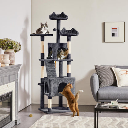 Yaheetech XL Cat Tree, 72in Multi-Level Cat Tower with 2 Cozy Caves, 3 Soft Perches, Scratching Posts, Board, and Dangling Ball, Cat Furniture Cat Play House Kittens, Dark Gray