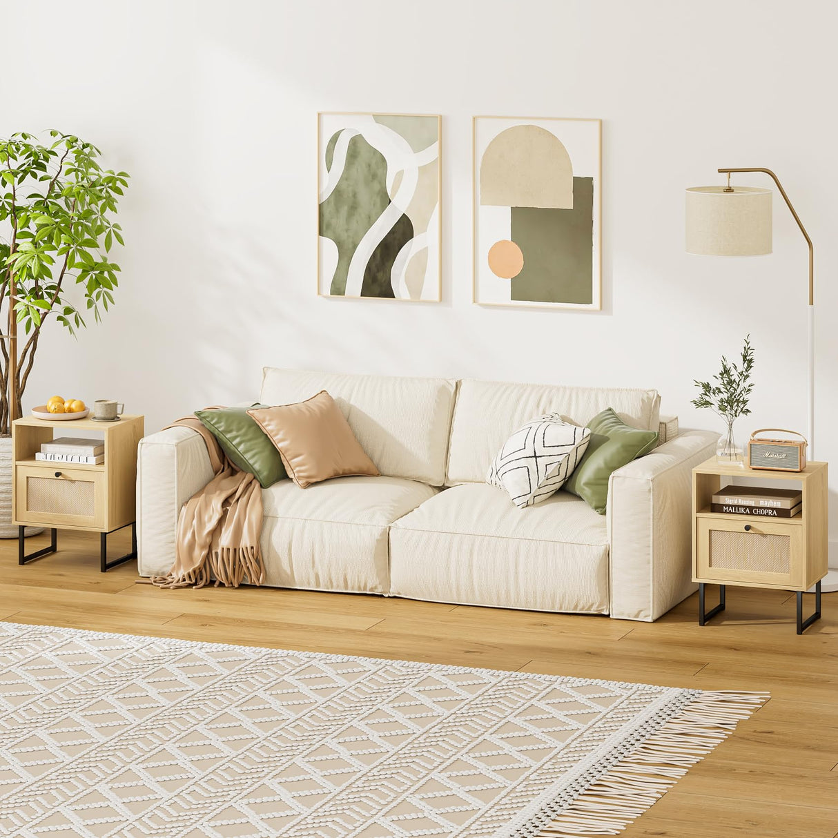 Acodaiuy Rattan Night Stand, Modern Boho Nightstand with Storage Drawer, Wood Bedside Table with Open Shelf, Side End Table for Bedroom,Living Room,Oak Acodaiuy