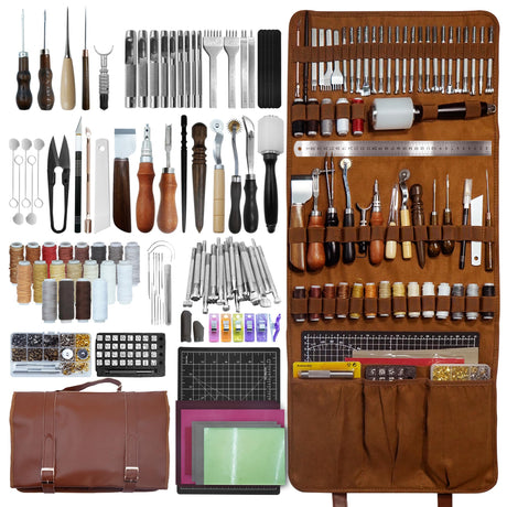 ESMING Leather Tooling Kit Craft Tools Leather Working Kit with Cutting Mats Crafts Enthusiast Professional Tool Set Custom Handbag Engraving Punching Sewing Stamping Sanding Tools ESMING